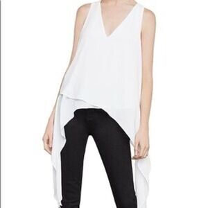 BCBGMAXAZRIA‎ White Sleeveless V-Neck Cascade Asymmetric Hem Tank Top XXS
